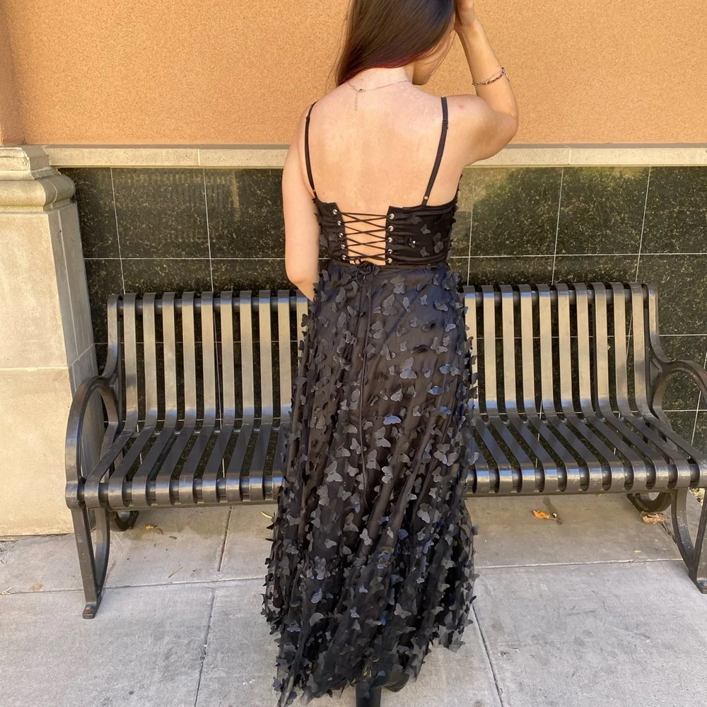 NWT corset tie up prom‎ Dress 3D butterfly Formal Black silver accents  XS S